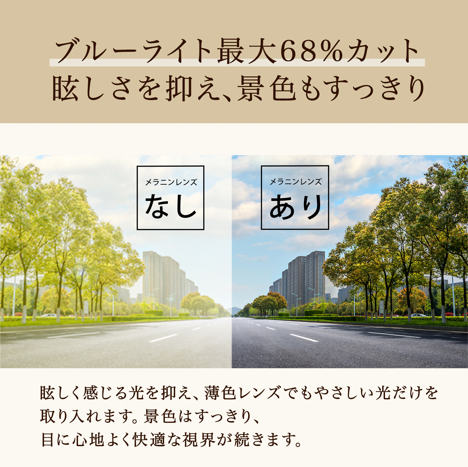 ブルーライト最大68%カット 眩しさを抑え、景色もすっきり
